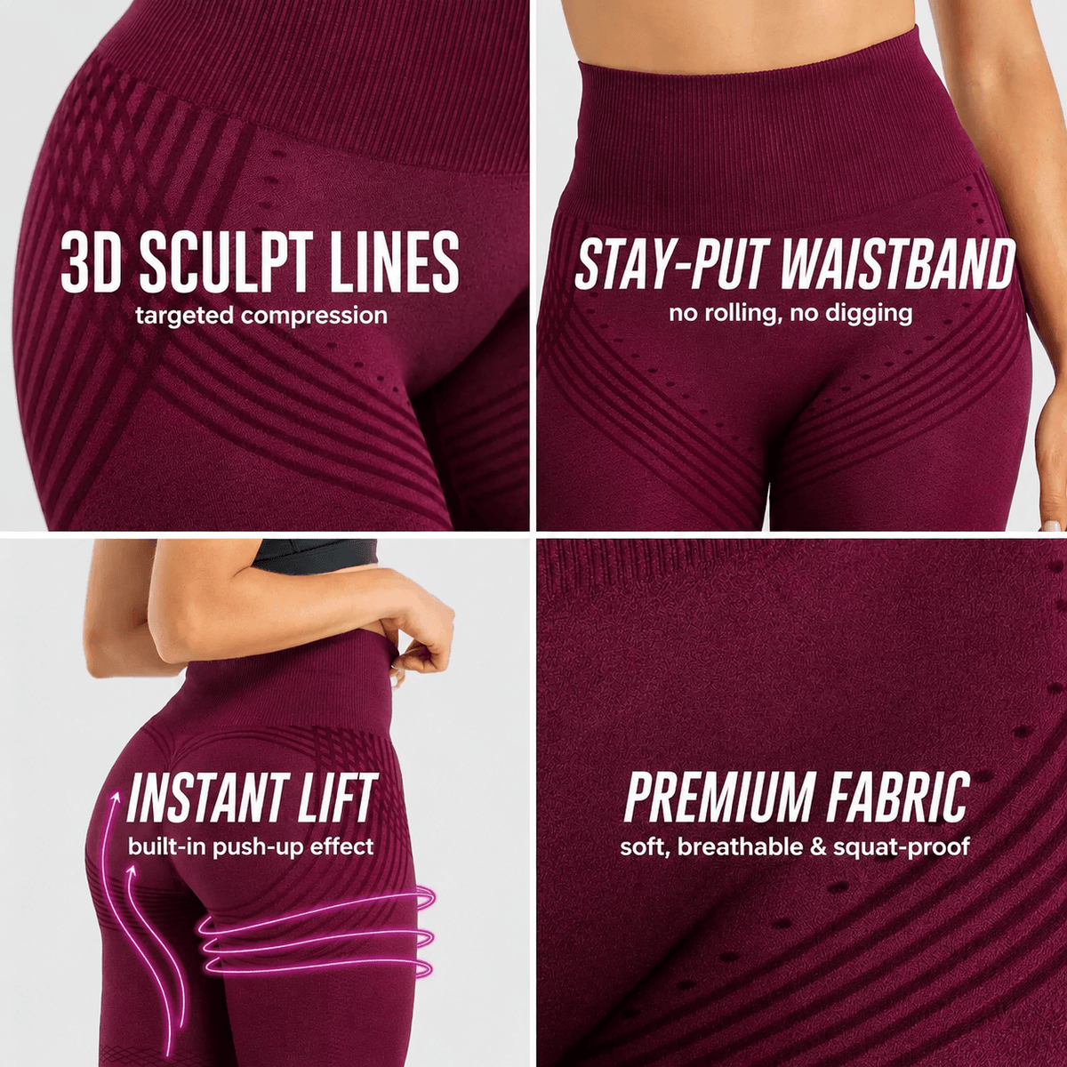 Close-up details of THE OSHE 3D textured leggings showing sculpt lines, high-rise waistband and premium fabric