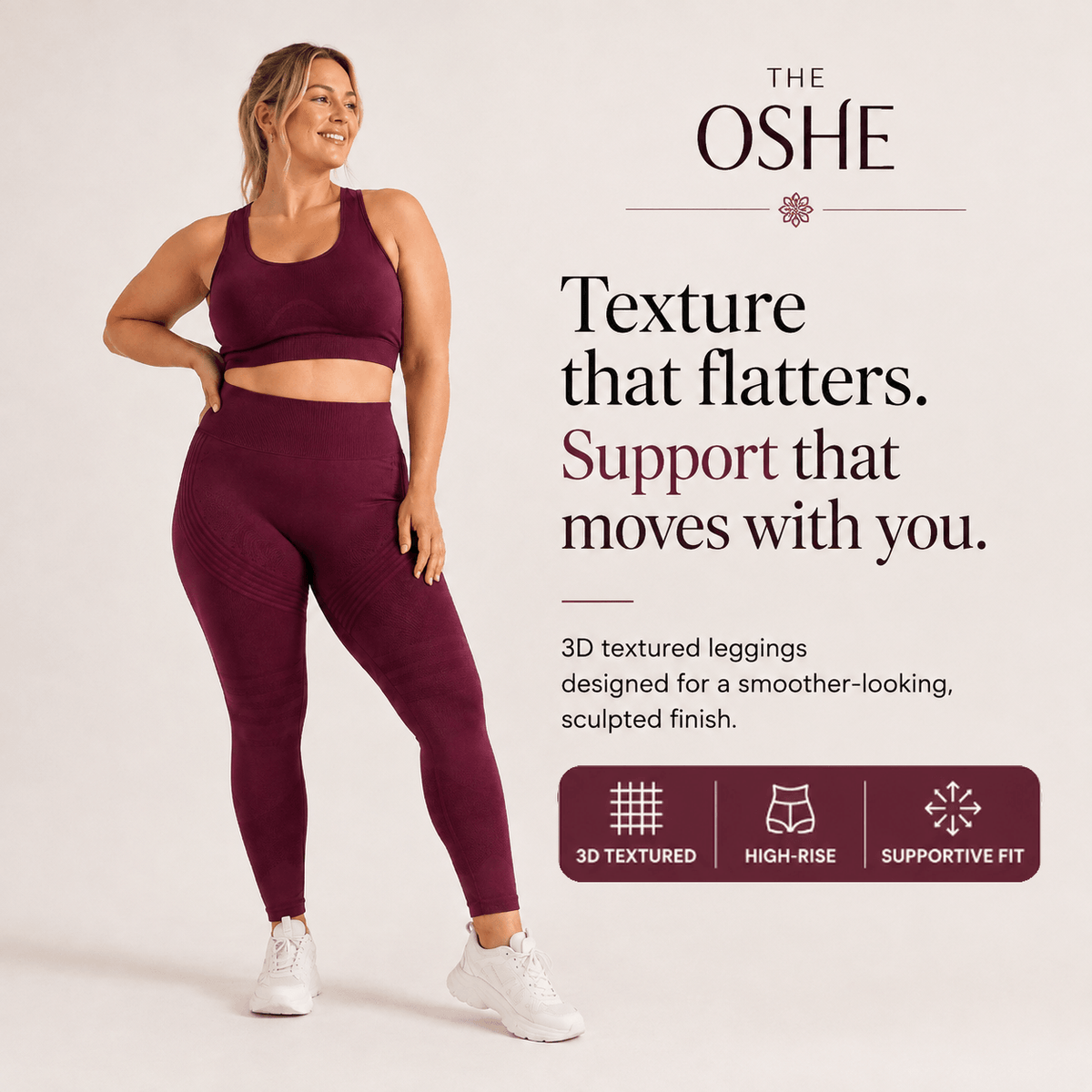 THE OSHE 3D textured leggings in burgundy with high-rise supportive fit