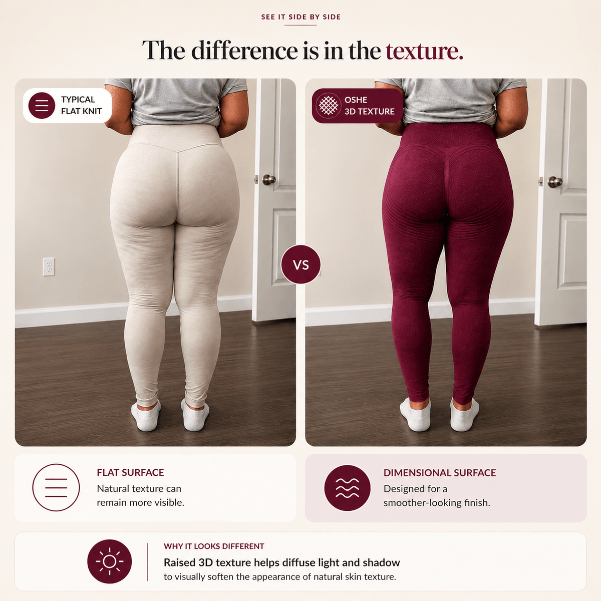 Comparison of standard flat knit leggings and THE OSHE 3D textured leggings