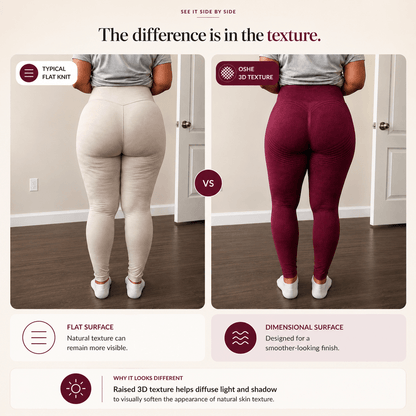 Comparison of standard flat knit leggings and THE OSHE 3D textured leggings
